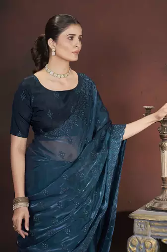 Teal blue stylish jimmy choo c ethnic sequins embroidered saree