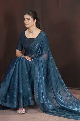 Teal blue stylish jimmy choo c ethnic sequins embroidered saree 5