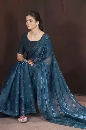 Teal blue stylish jimmy choo c ethnic sequins embroidered saree