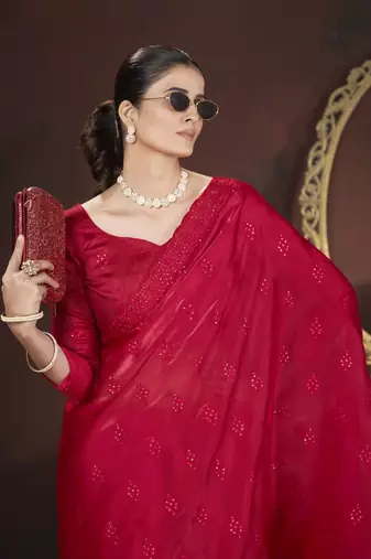 Red stylish jimmy choo c ethnic sequins embroidered saree