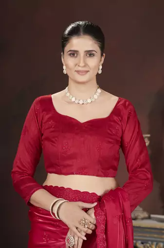 Red stylish jimmy choo c ethnic sequins embroidered saree