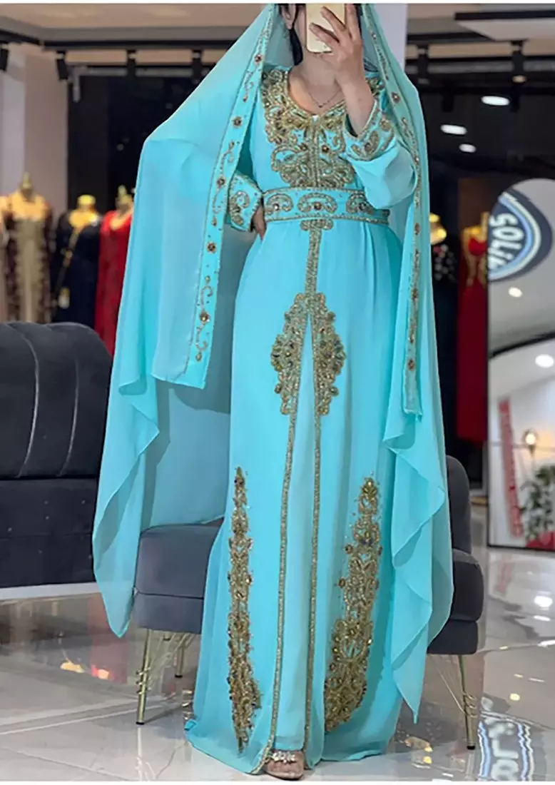 Aqua Georgette Beadwork Kaftan