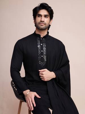 Black viscose fabric kurta payjama with jacket for traditional indian looks 4