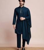 Teal blue viscose fabric kurta payjama with jacket for traditional indian looks