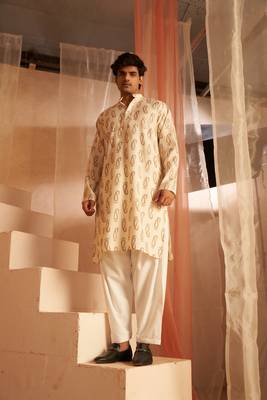 Beautiful off white modal silk fabric printed men's kurta payjama 1