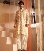 Beautiful off white modal silk fabric designer printed men's kurta payjama