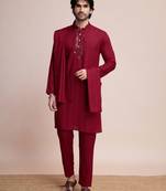 Maroon viscose fabric kurta payjama with jacket for traditional indian looks