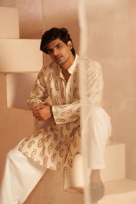 Beautiful off white modal silk fabric printed men's kurta payjama 2