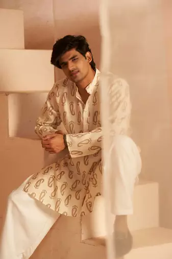 Beautiful off white modal silk fabric printed men's kurta payjama
