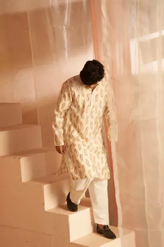 Beautiful off white modal silk fabric printed men's kurta payjama