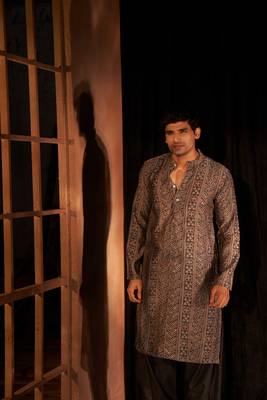 Beautiful nevy blue modal silk fabric printed men's kurta payjama 2
