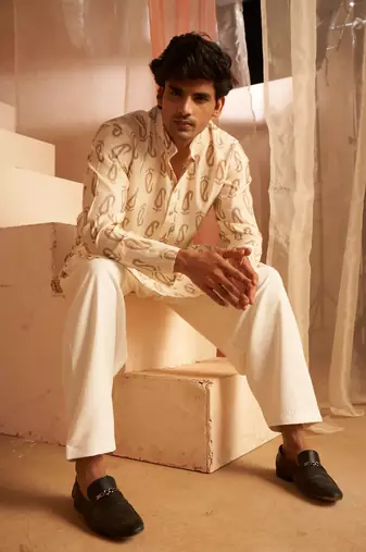 Beautiful off white modal silk fabric printed men's kurta payjama