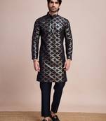 Navy blue silk fabric heavy embroidery work glamorous partywear men's kurta