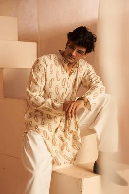 Beautiful off white modal silk fabric printed men's kurta payjama 5