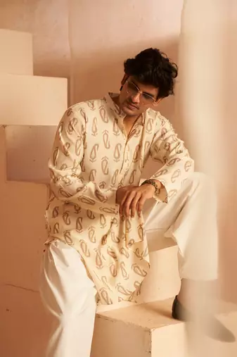 Beautiful off white modal silk fabric printed men's kurta payjama