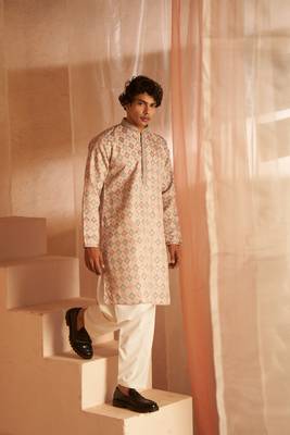 Beautiful cream viscosee fabric wevon men's kurta payjama 1