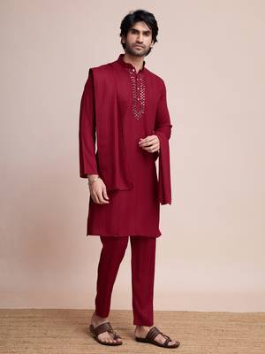 Maroon viscose fabric kurta payjama with jacket for traditional indian looks 5