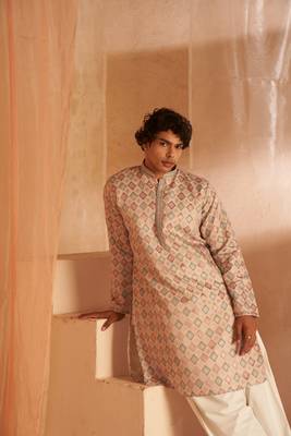 Beautiful cream viscosee fabric wevon men's kurta payjama 2