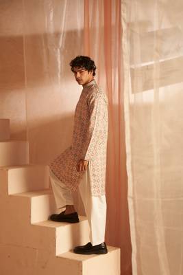 Beautiful cream viscosee fabric wevon men's kurta payjama 3