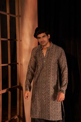 Beautiful nevy blue modal silk fabric printed men's kurta payjama 5