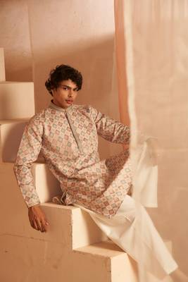 Beautiful cream viscosee fabric wevon men's kurta payjama 4