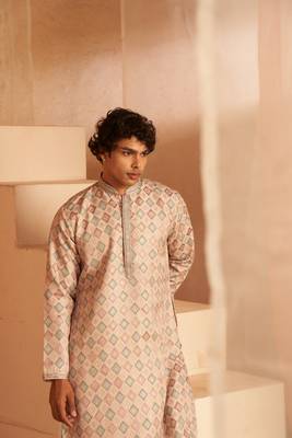 Beautiful cream viscosee fabric wevon men's kurta payjama 5