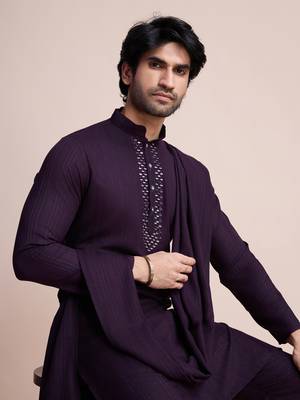 Purple viscose fabric kurta payjama with jacket for traditional indian looks 4