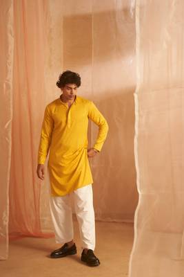 Mustard beautiful chikankari work viscosee fabric man's kurta payjama 1