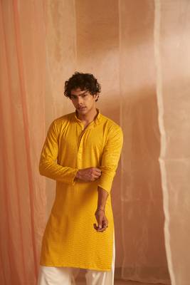 Mustard beautiful chikankari work viscosee fabric man's kurta payjama 2