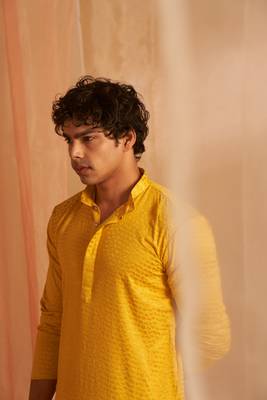Mustard beautiful chikankari work viscosee fabric man's kurta payjama 3