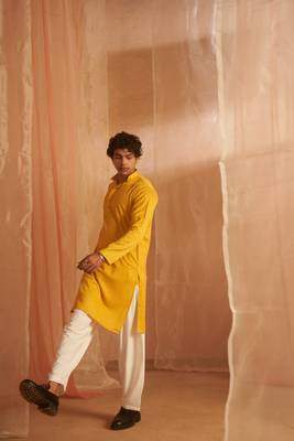 Mustard beautiful chikankari work viscosee fabric man's kurta payjama 4