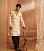 cream men's kurta pajama with embroidery work