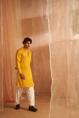 Mustard beautiful chikankari work viscosee fabric man's kurta payjama 5