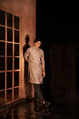 Grey beautiful chikankari work viscosee fabric man's kurta payjama 4