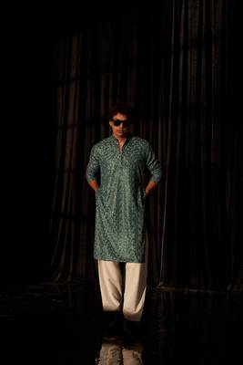 Cyan blue beautiful chikankari work viscose fabric man's kurta payjama 1