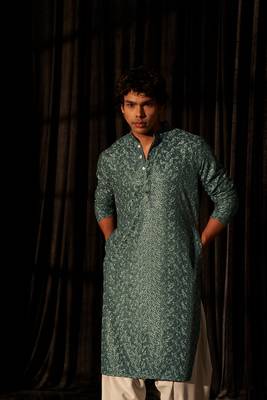 Cyan blue beautiful chikankari work viscose fabric man's kurta payjama 2