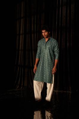 Cyan blue beautiful chikankari work viscose fabric man's kurta payjama 3