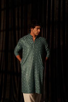 Cyan blue beautiful chikankari work viscose fabric man's kurta payjama 4