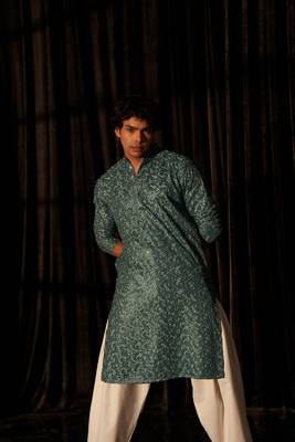 Cyan blue beautiful chikankari work viscose fabric man's kurta payjama 5