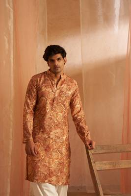 Rich looks brown men's kurta payjama with printed 2