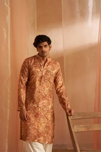 Rich looks brown men's kurta payjama with printed