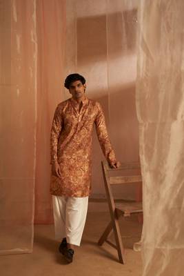 Rich looks brown men's kurta payjama with printed 3