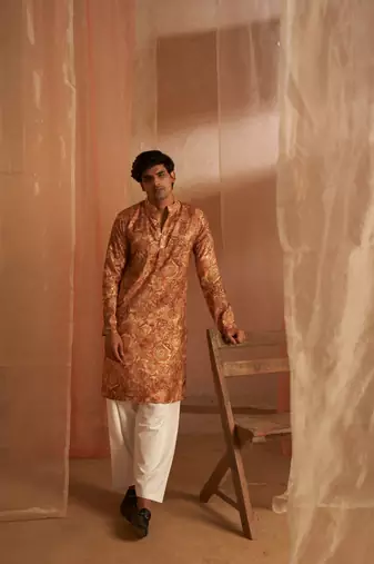 Rich looks brown men's kurta payjama with printed