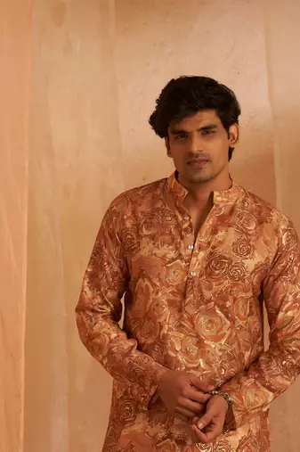 Rich looks brown men's kurta payjama with printed