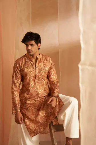 Rich looks brown men's kurta payjama with printed