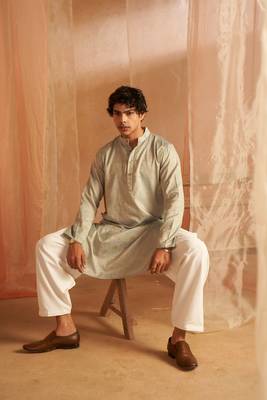 Rich looks light blue men's kurta payjama with wevon  2