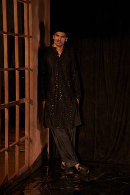 Beautiful black cotton fabric embroidery work men's kurta payjama 1