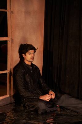 Beautiful black cotton fabric embroidery work men's kurta payjama 2