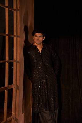 Beautiful black cotton fabric embroidery work men's kurta payjama 3