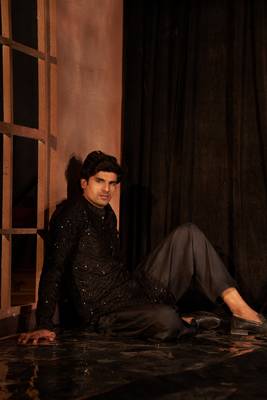 Beautiful black cotton fabric embroidery work men's kurta payjama 4